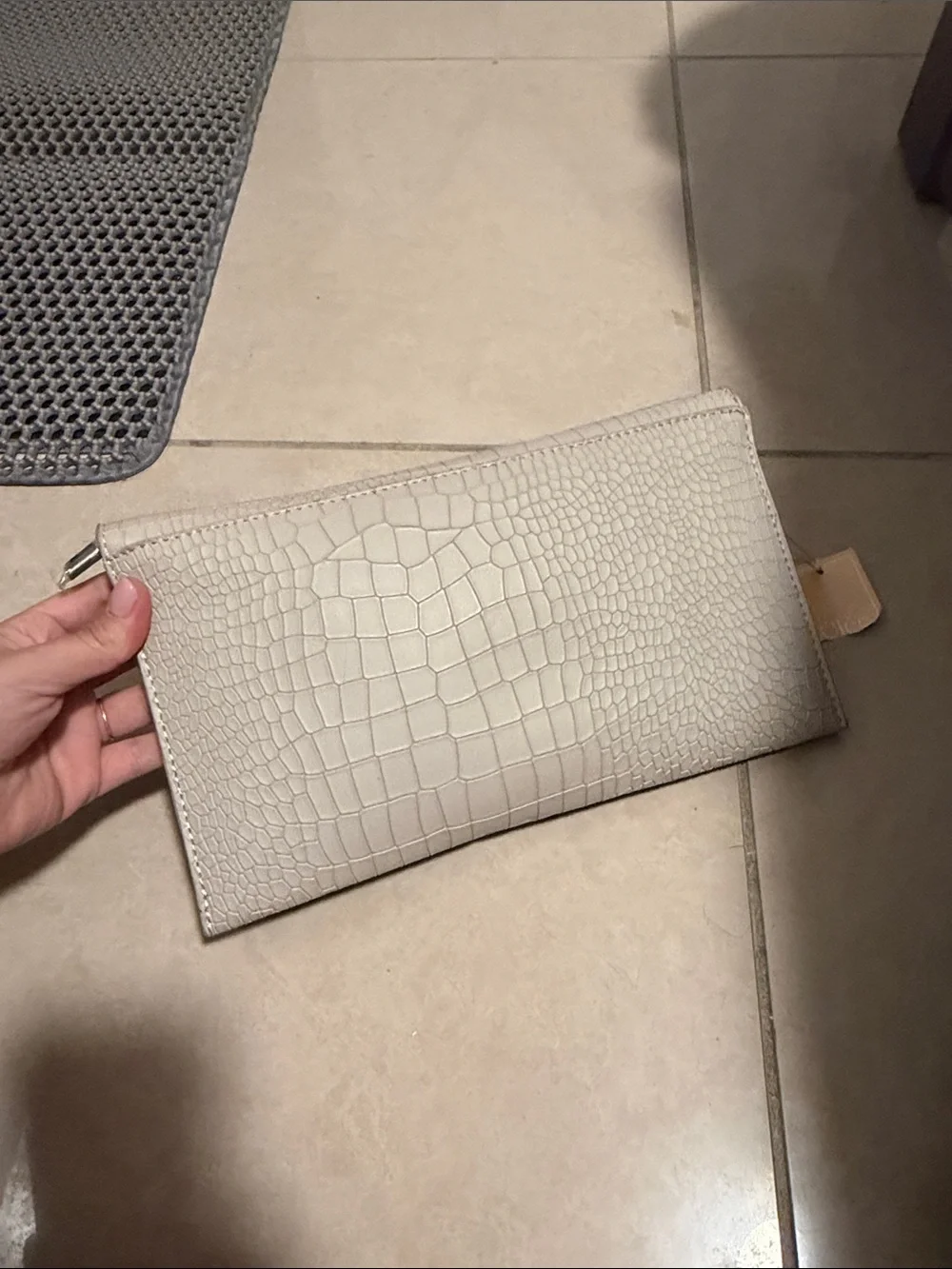Elegant White Croc-Embossed Envelope Clutch with Black Hardware